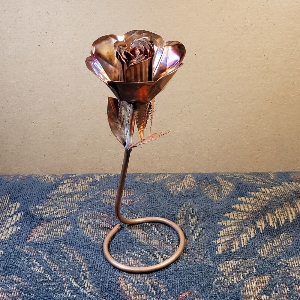 Handmade Copper Rose with Leaves and Stand